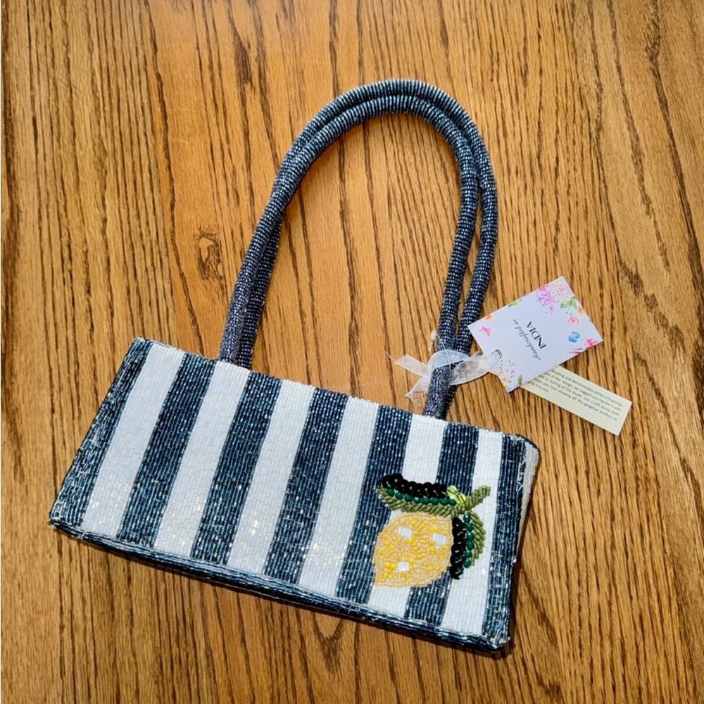 Viral Handcrafted Beaded Bag Stripes and Lemon. New With Tags!